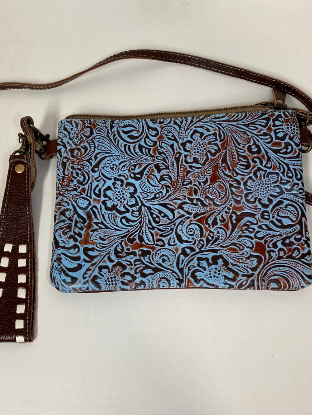Myra Beryl Wristlet Clutch • Blue Tooled Leather • Brown Leather Crossbody Strap